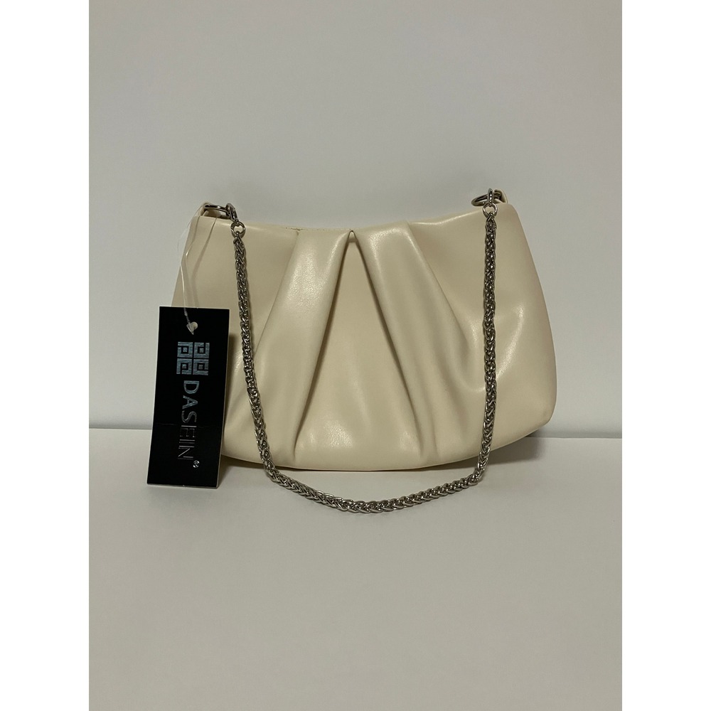 NWT Dasein Elegant Pleated Evening Bag OS Cream Vegan Leather Chain Strap Purse